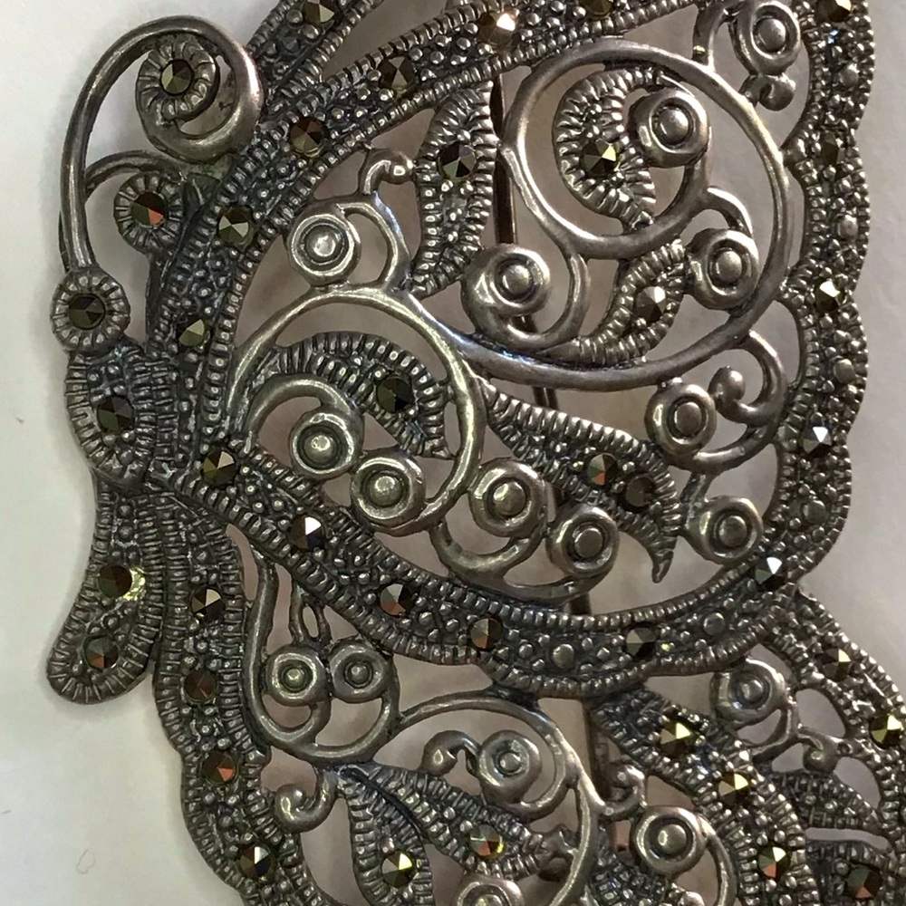 BROOCH: Antique Silver w/ Black Rhinestones, BUTTERFLY DESIGN
